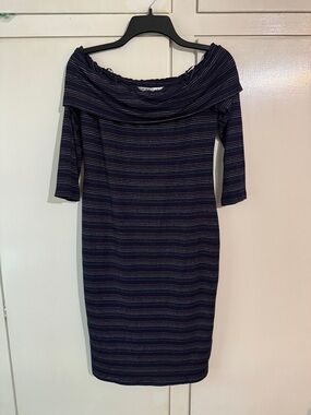 Trina Turk Navy sparkle Striped Off-Shoulder Long Sleeve Dress